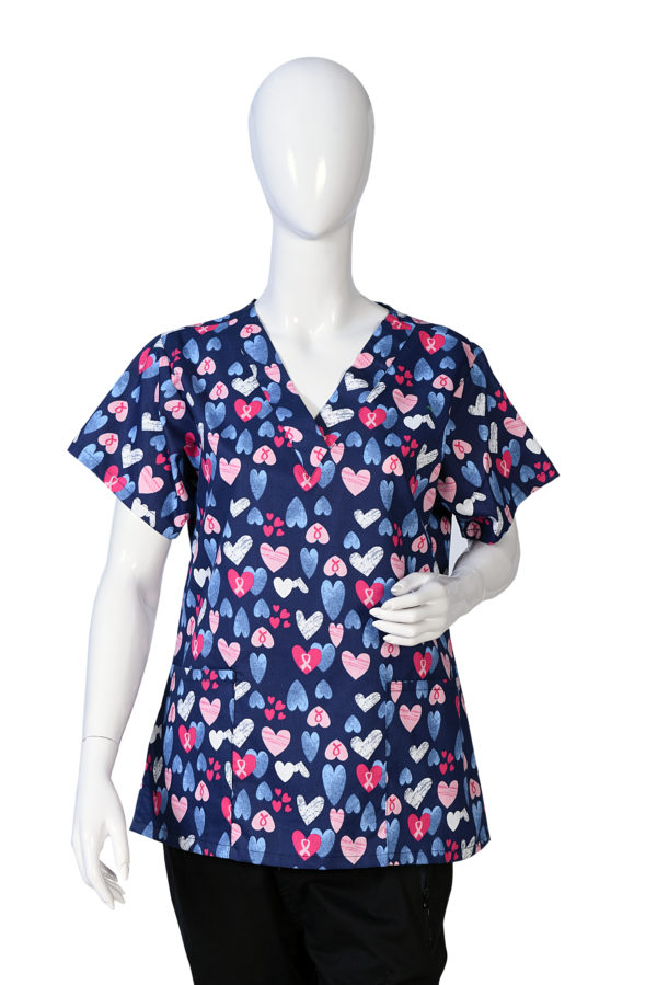 Women Printed Scrub Top Blue Ground Heart Print