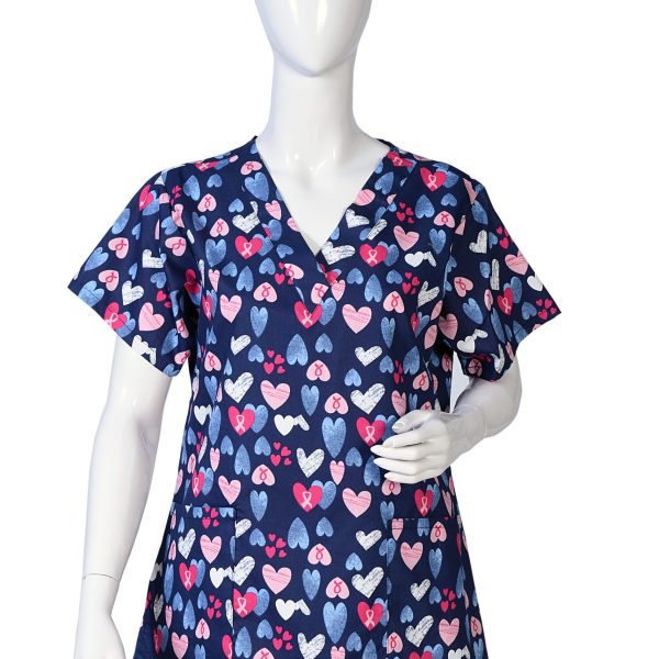 Women Printed Scrub Top Blue Ground Heart Print