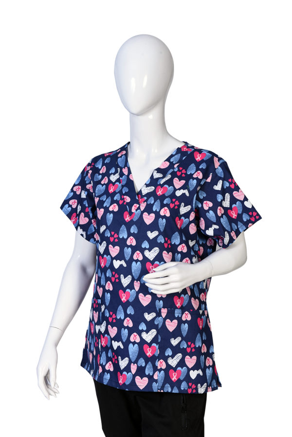 Women Printed Scrub Top Blue Ground Heart Print - Image 2