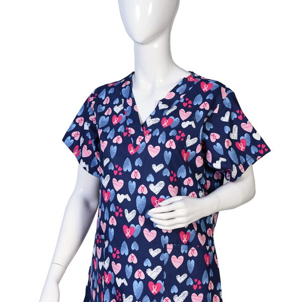 Women Printed Scrub Top Blue Ground Heart Print