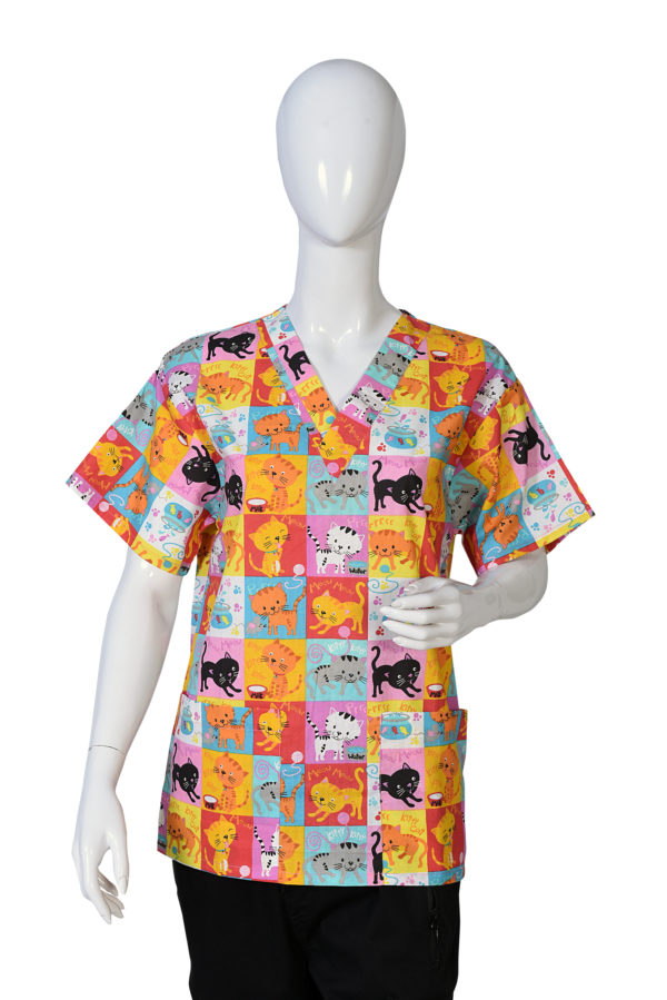 Women Printed Scrub Top Cat Print