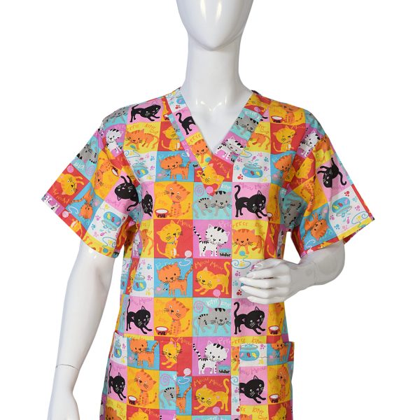 Women Printed Scrub Top Cat Print