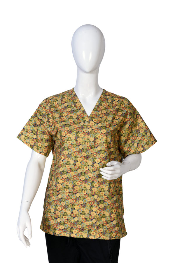 Women Printed Scrub Top Gold Flower Print